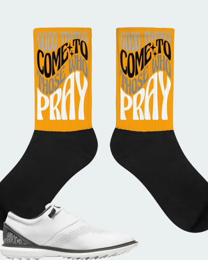 Jordan ADG 4 Golf Sneaker Matching Gold Socks - Good Things Come To Those Who Pray