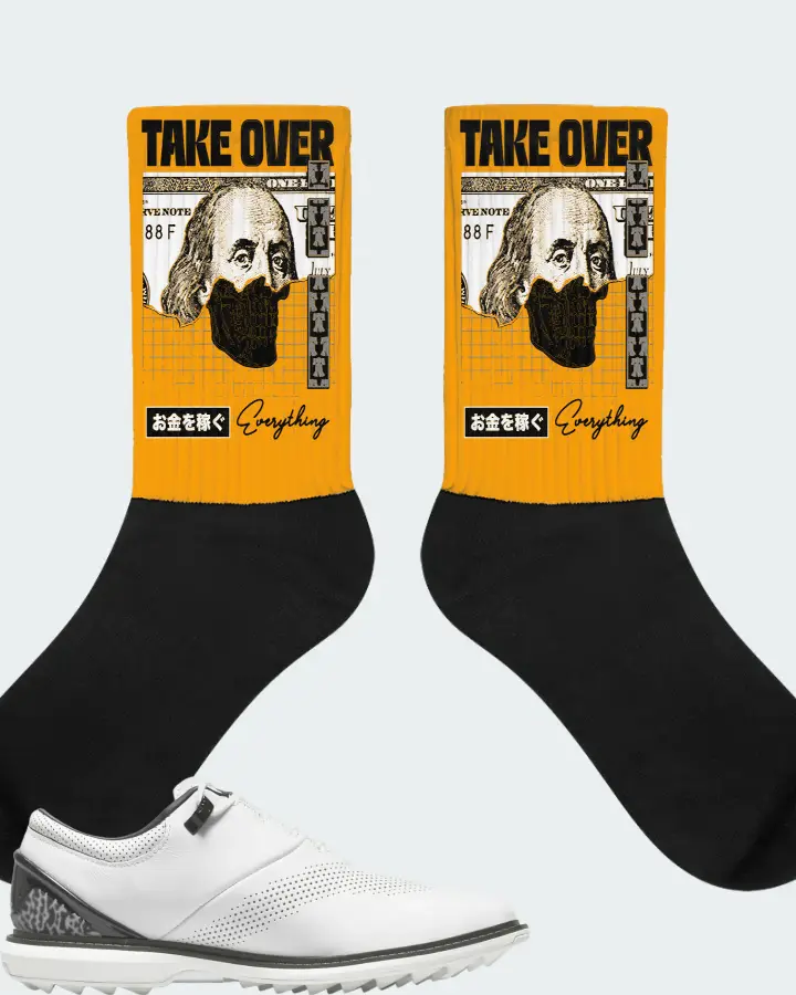 Jordan ADG 4 Golf Sneaker Matching Gold Socks - Take Over