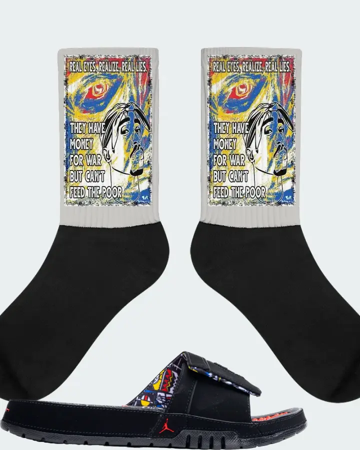 Jordan Hydro 8 Retro Slide Sneaker Matching Grey Socks - TUPAC Real Eyes Realize Real Lies