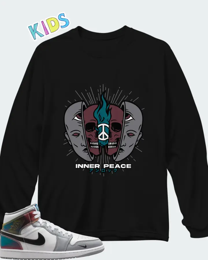 Air Jordan 1 Mid SE White Wolf Grey Black Matching Kid's Long Sleeve T-Shirt