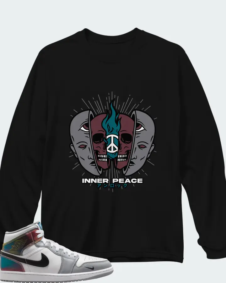 Air Jordan 1 Mid SE White Wolf Grey Black Matching Long Sleeve T-Shirt