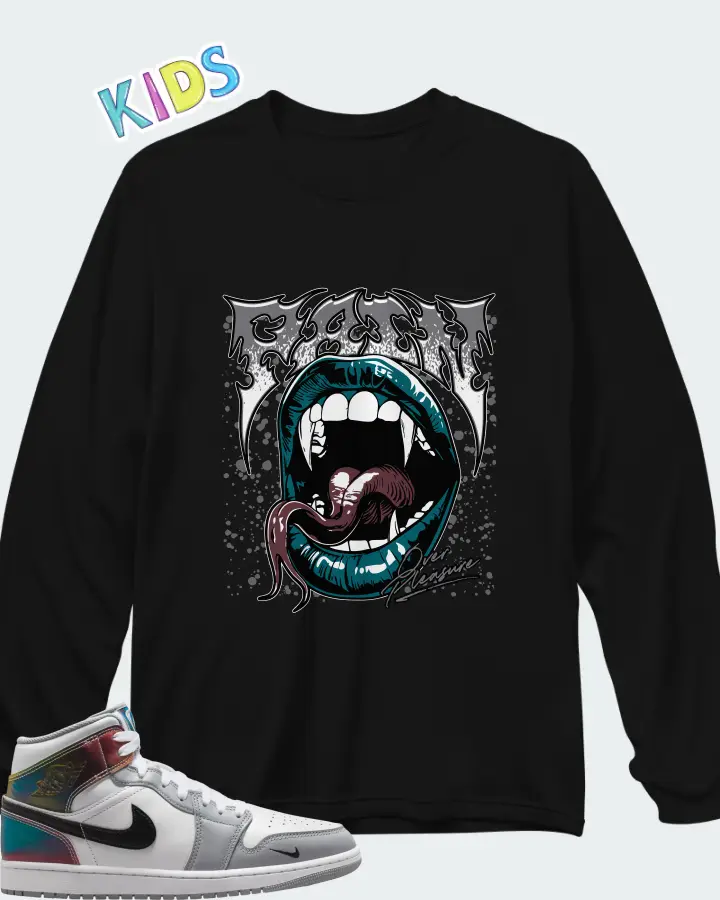 Air Jordan 1 Mid SE White Wolf Grey Black Matching Kid's Long Sleeve T-Shirt
