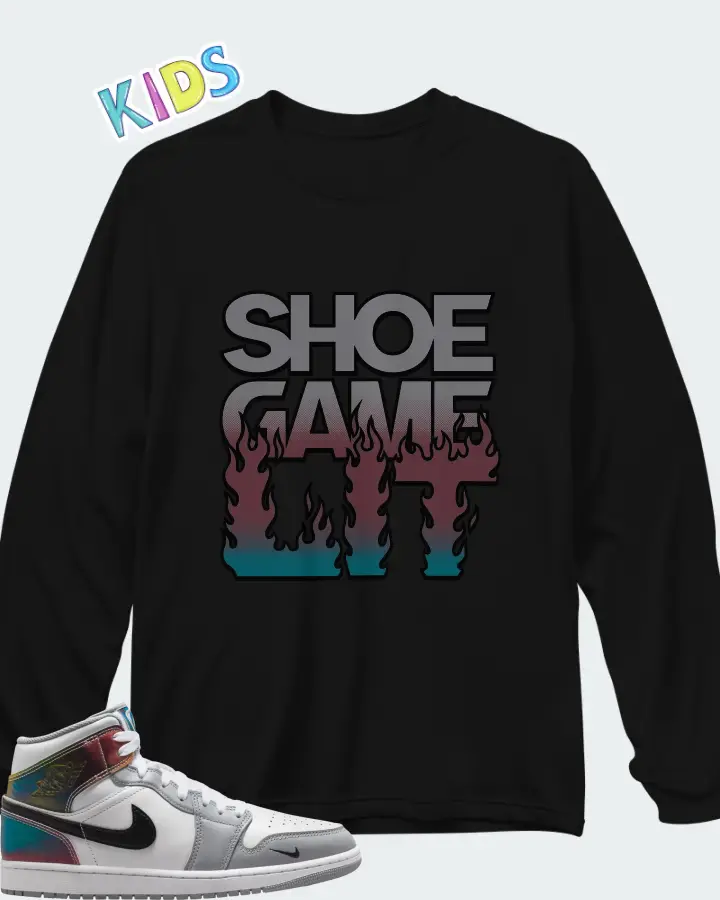 Air Jordan 1 Mid SE White Wolf Grey Black Matching Kid's Long Sleeve T-Shirt