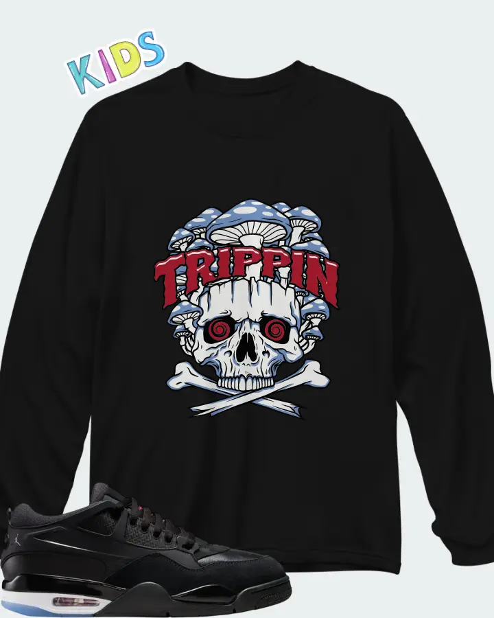 Air Jordan 4 RM Black White Varsity Red Matching Kid's Long Sleeve T-Shirt
