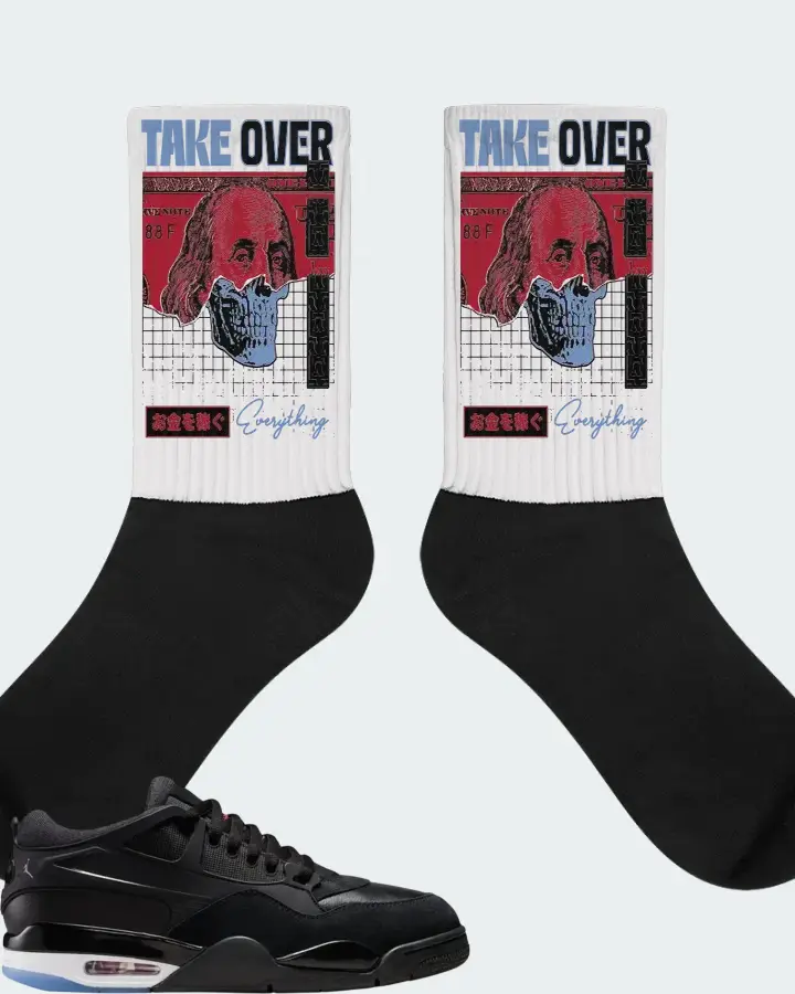 Air Jordan 4 RM Black White Varsity Red Sneaker Matching White Socks - Take Over
