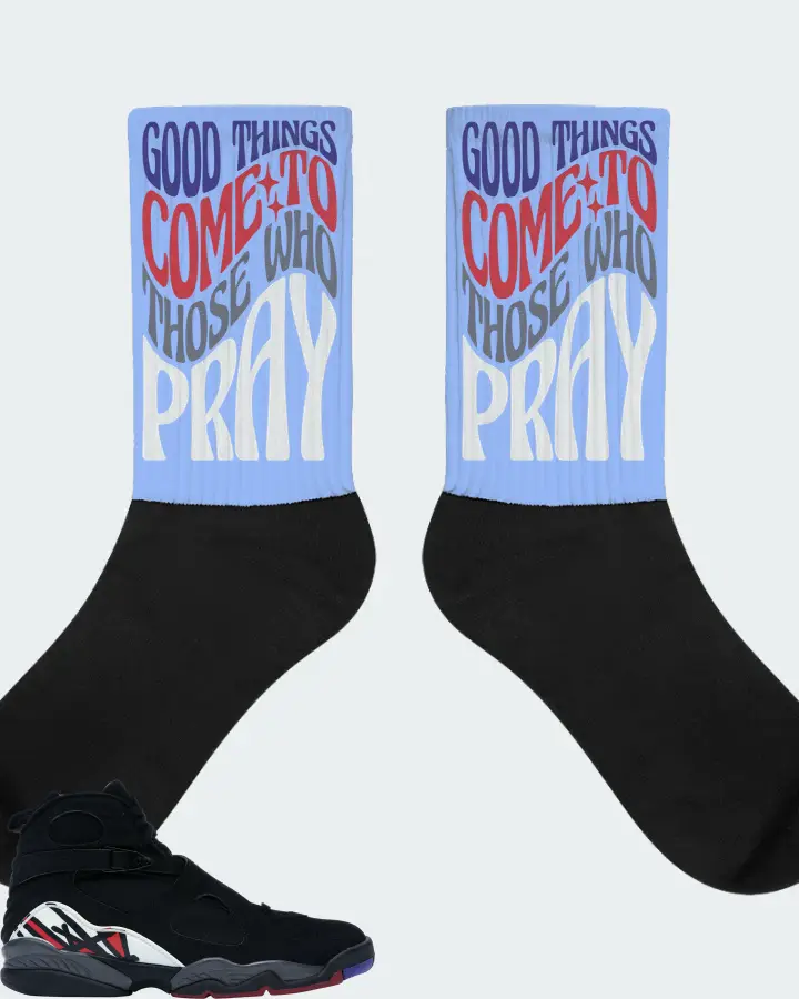 Jordan 8 Retro Sneaker Matching Carolina Blue Socks - Good Things Come To Those Who Pray