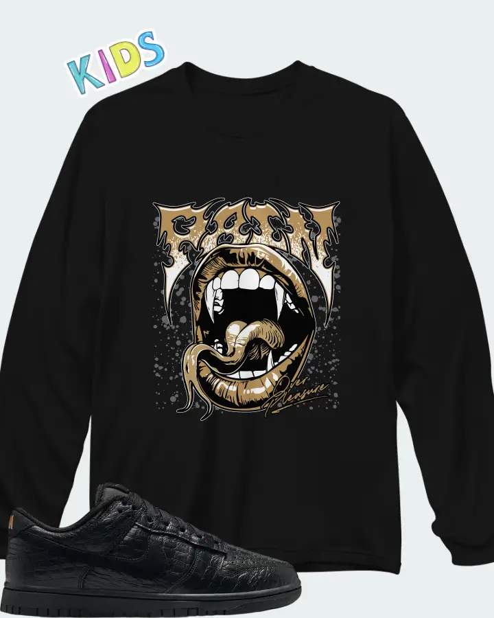 Nike Dunk Low Black Metallic Gold Off Noir Black Matching Kid's Long Sleeve T-Shirt
