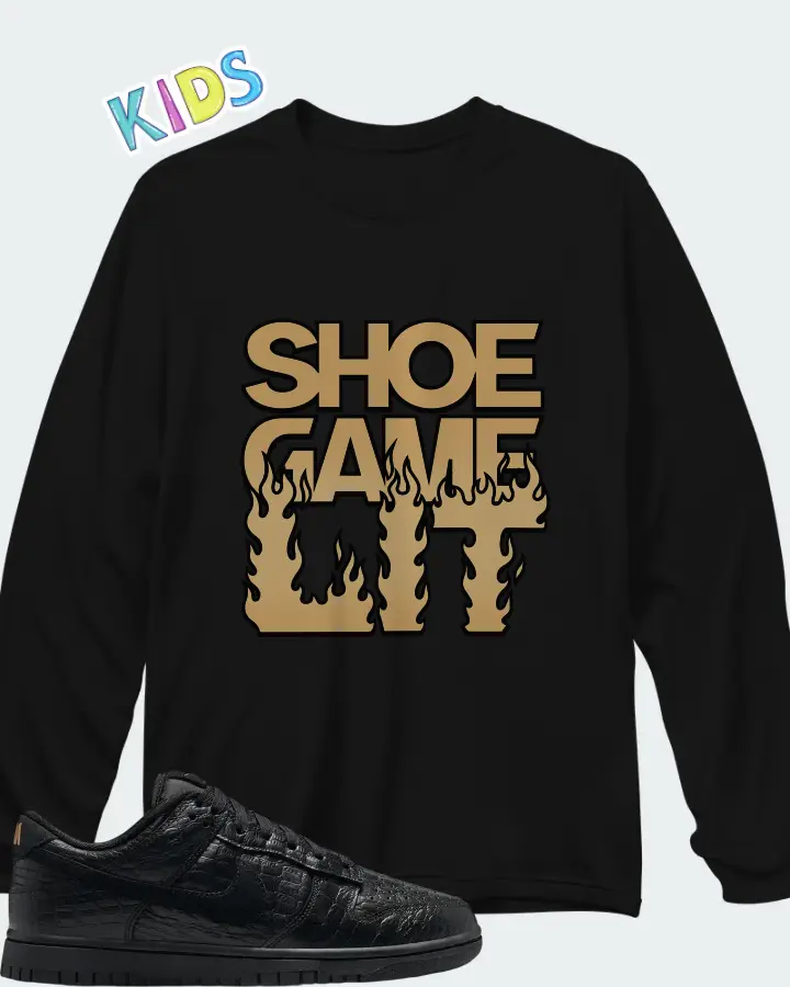 Nike Dunk Low Black Metallic Gold Off Noir Black Matching Kid's Long Sleeve T-Shirt